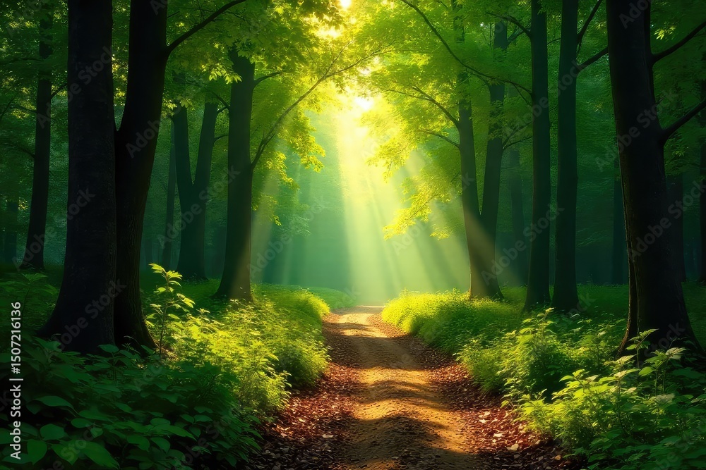 Canvas Prints sun-dappled forest path winds through lush green canopy, dappled sunlight filtering through leaves, 