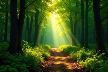 Obraz premium Sun-dappled forest path winds through lush green canopy, dappled sunlight filtering through leaves, creating magical atmosphere Perfect for summer, nature, travel, and adventure themes , light, flora