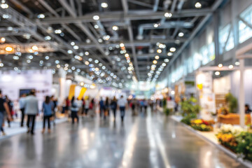 Blurred indoor exhibition hall filled with people walking through exhibit booths and bright lights