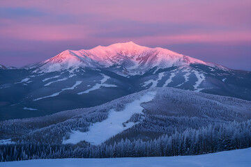 Obraz premium Majestic snow capped mountain glowing pink at sunrise in a winter wonderland