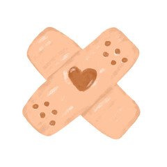 cute medical plaster bandage with heart icon in brown beige soft pastel color doodle crayon watercolor illustration clipart design sticker kids nursery children blood donor heal wound first aid