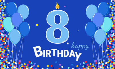 Happy Birthday. 8 years old. Balloons are a candle shape on a blue background. A boy's birthday for children.