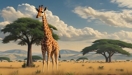 Obraz premium Giraffe Feeding Under Acacia Tree in African Savannah