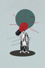 Image vertical artwork collage of happy businesswoman businessman stand light bulb idea finding...