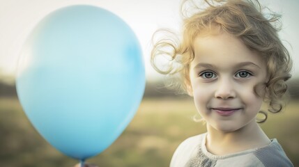 Fototapeta premium Happy little girl with curly blonde hair holding a big light blue balloon, smiling joyfully in a blurred natural background on a sunny day, radiating innocence and carefree delight