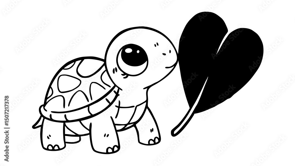 Poster cartoon turtle with patterned shell next to a large heart shaped leaf in black and white outline sty