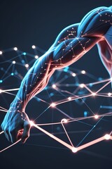 A high-tech futuristic design showing muscle fibers as glowing network nodes interconnected in a digital almost circuit-like pattern. The fibers pulse with electric light set against a dark...