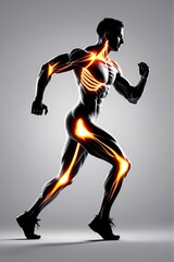 A human silhouette in a dynamic pose (e.g. running or lunging) with one or two specific muscle regions highlighted in bright tones to indicate activation (e.g. hamstrings and calves). Clean lines...