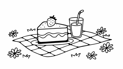 Doodle style picnic scene with cake and drink on a blanket surrounded by flowers and grass artfully drawn created with generated ai