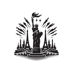 Bastille Day Silhouette Vector Illustration, Solid White Background.