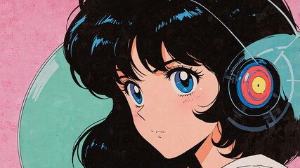 An anime-style illustration of a girl with long black hair and big blue eyes. She's wearing large, futuristic headphones with a colorful vinyl record design