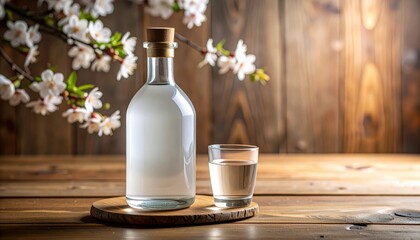 Clear glass bottle and shot glass with transparent liquid on wooden table rustic background