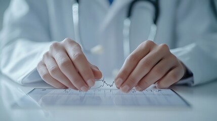 Doctor intently analyzing patient s EKG on a tablet seeking clues to health wearing white coat clean