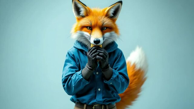 Anthropomorphic fox in blue shirt and black gloves eating a sandwich against a light blue backdrop