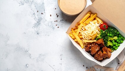 Freshly prepared takeout box filled with fries beef stew peas and rice and vegetables on white background