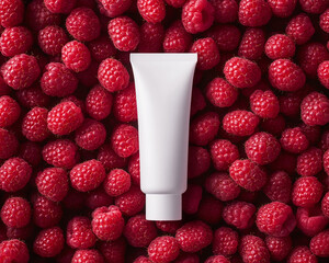 White cosmetic tube lies on raspberries background. Eco horizontal mockup of cream or toothpaste with natural ingredients. Flat lay of matte plastic packaging with soft studio light