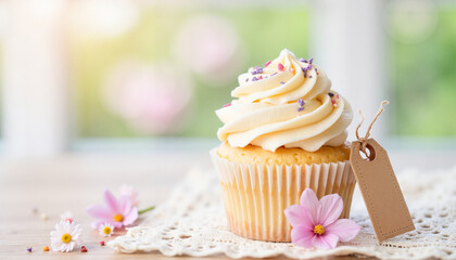 Cupcake with frosting and decoration on table with flowers