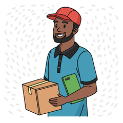 Smiling delivery man with red cap holding box and digital tablet.