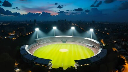 Illuminated Sports Stadium at Night - Aerial View of Glowing Athletic Field with City Lights for Sports Broadcast, Event Coverage, and Urban Landscape Photography