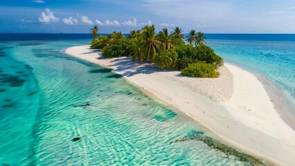 Aerial view of an uninhabited tropical island with palm trees and a white sandy beach surrounded by clear turquoise ocean water, exotic travel destination drone video footage. - Powered by Adobe