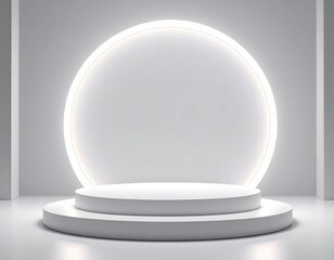 Minimalist white product display platform with neon circle light