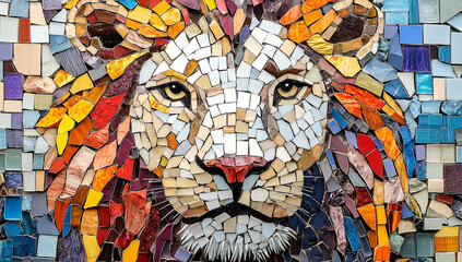 Mosaic art of lion face made from colorful tiles and small pieces of stone, the head is made up with only white tile, flat lay
