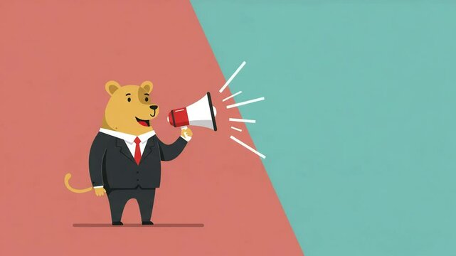 Cartoon bear in suit uses megaphone, making announcement on split-color background