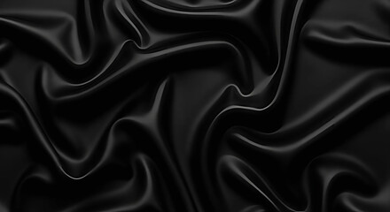 Elegant black silk fabric with gentle curves and folds, displayed on a rich black background for design use, Generative AI.