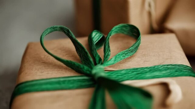 Close-up of brown paper gift boxes adorned with bright green ribbon bows, creating a festive and minimalist presentation.