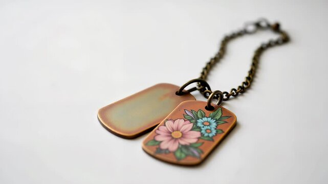 Vintage Dog Tag Necklace - Bronze Military ID with Floral Pattern and Chain for Fashion Accessories, Jewelry Collections, and Memorial Tributes