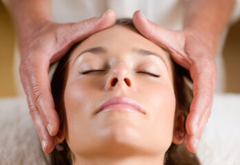 Naklejka premium Masseur performing relaxing head massage on female client lying with closed eyes in spa or wellness center