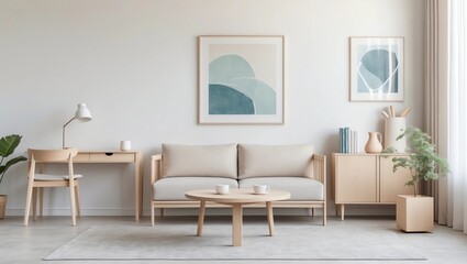 Desk lamp on a small table and a simple, wooden cabinet in an empty living room interior with white wall and place for a sofa. Real photo 