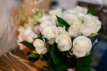 a bouquet of beautiful white roses in buds in a salaphan wrapper
