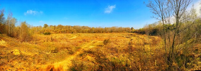 Wide panoramic view of a rural field under a bright blue sky