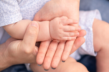 child's hand in mother's and father's palm, close-up