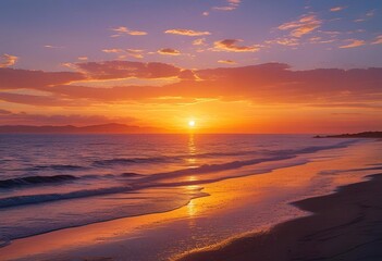 Fototapeta premium Sunset sea view illustration, sunset, sea, ocean, water, beach, sun, sky, sunrise, nature, landscape, clouds, waves, cloud, coast, wave, orange, evening, summer, reflection, horizon, morning, light