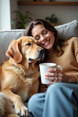 Happy woman affectionately hugging dog with coffee against cozy couch backdrop