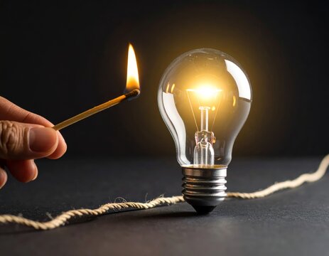 Hand holding lit match ignites long fuse that leads to glowing light bulb on dark surface, symbolizing creativity and inspiration