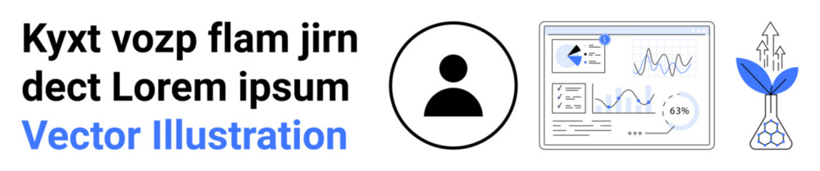 User profile circle, data charts, upward arrow plant symbolizing growth and analytics, progress, user insights. Ideal for data, analysis, user interface, growth business trends simple landing page