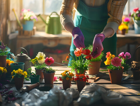 Florist Planting Colorful Flower Seedlings in Pots in Sunlit Workshop with Gardening Tools on Wooden Table