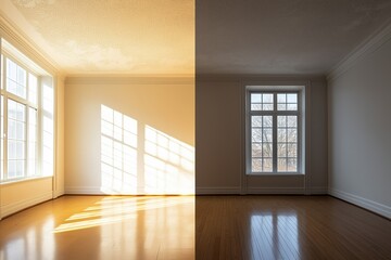 Fototapeta premium Spacious room with large windows, sunlight streaming through, wooden floor. Ceiling popcorn removal, renovation concept of peacefulness, tranquility, featuring ceiling popcorn removal.