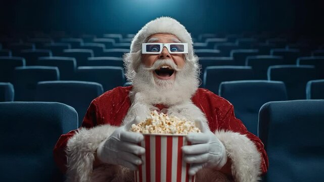 Santa Claus wearing 3D glasses watching movie and eating popcorn in empty cinema during Christmas time