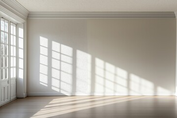 Fototapeta premium Bright airy room with large windows, wooden floor, pristine white walls. Concept of ceiling popcorn removal, renovation style, enhancing natural lighting, creating inviting atmosphere.