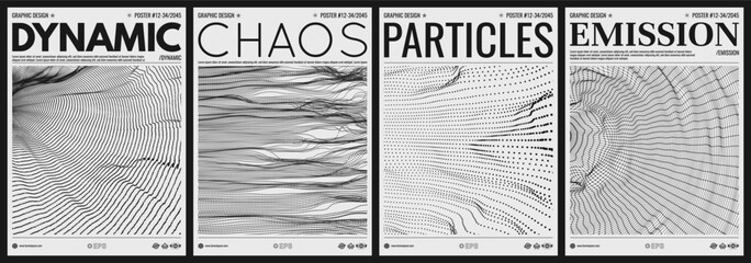 Cover design template. An array with dynamic particles. Texture. Black and white. 3D vector illustration for brochure, poster, flyer, banner.