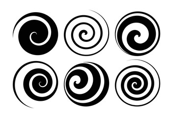 A set of black and white circular elements made of lines with a rotating effect. Abstract swirl design element. Spiral and swirling movement. Vector for brochure, poster, presentation, flyer or banner