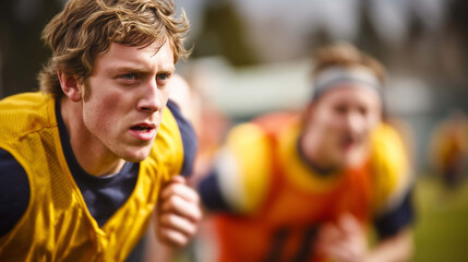 Obraz premium Focused athlete training outdoors in summer heat. Intensity, effort, and determination in competitive sports practice. Strong emotion, dynamic movement, team spirit in warm light.