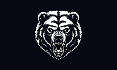 Angry bear head vector, grizzly bear head illustration, black and white bear head vector