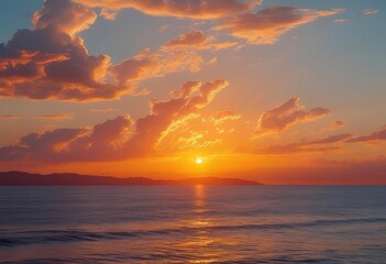 Obraz premium Sunset sea view illustration, sunset, sea, ocean, water, beach, sun, sky, sunrise, nature, landscape, clouds, waves, cloud, coast, wave, orange, evening, summer, reflection, horizon, morning, light