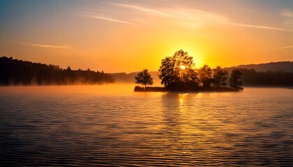 Amanecer brumoso sobre una isla lacustre​