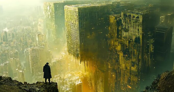 A man in a coat stands on a cliff, gazing at a futuristic dystopian city with a floating cube structure.
